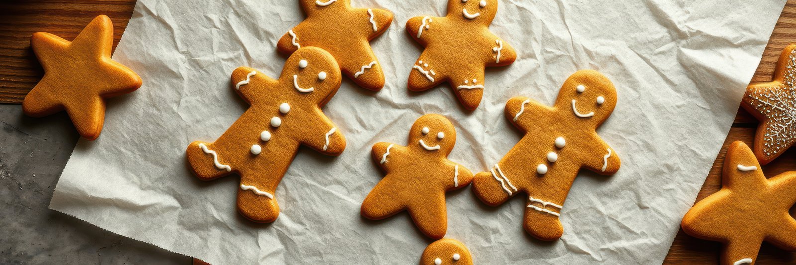 Gingerbread cookies shaped like people and stars are decorated and arranged on a baking sheet during a festive season celebration